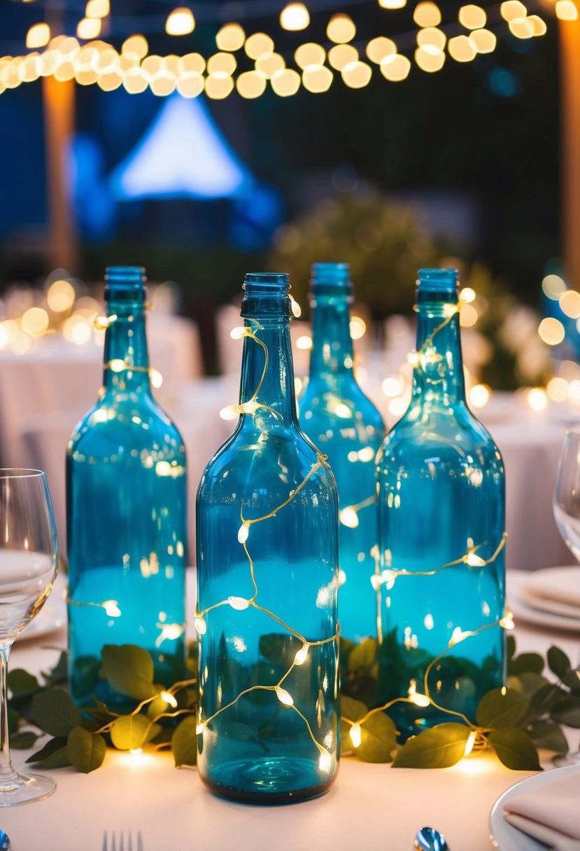 Blue glass bottles adorned with twinkling fairy lights create a whimsical wedding table centerpiece