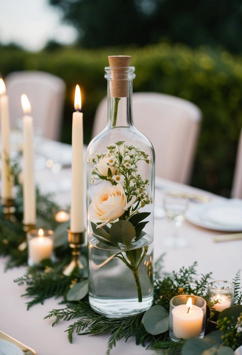 A glass bottle filled with flowers and placed on a wedding table, surrounded by delicate candles and greenery