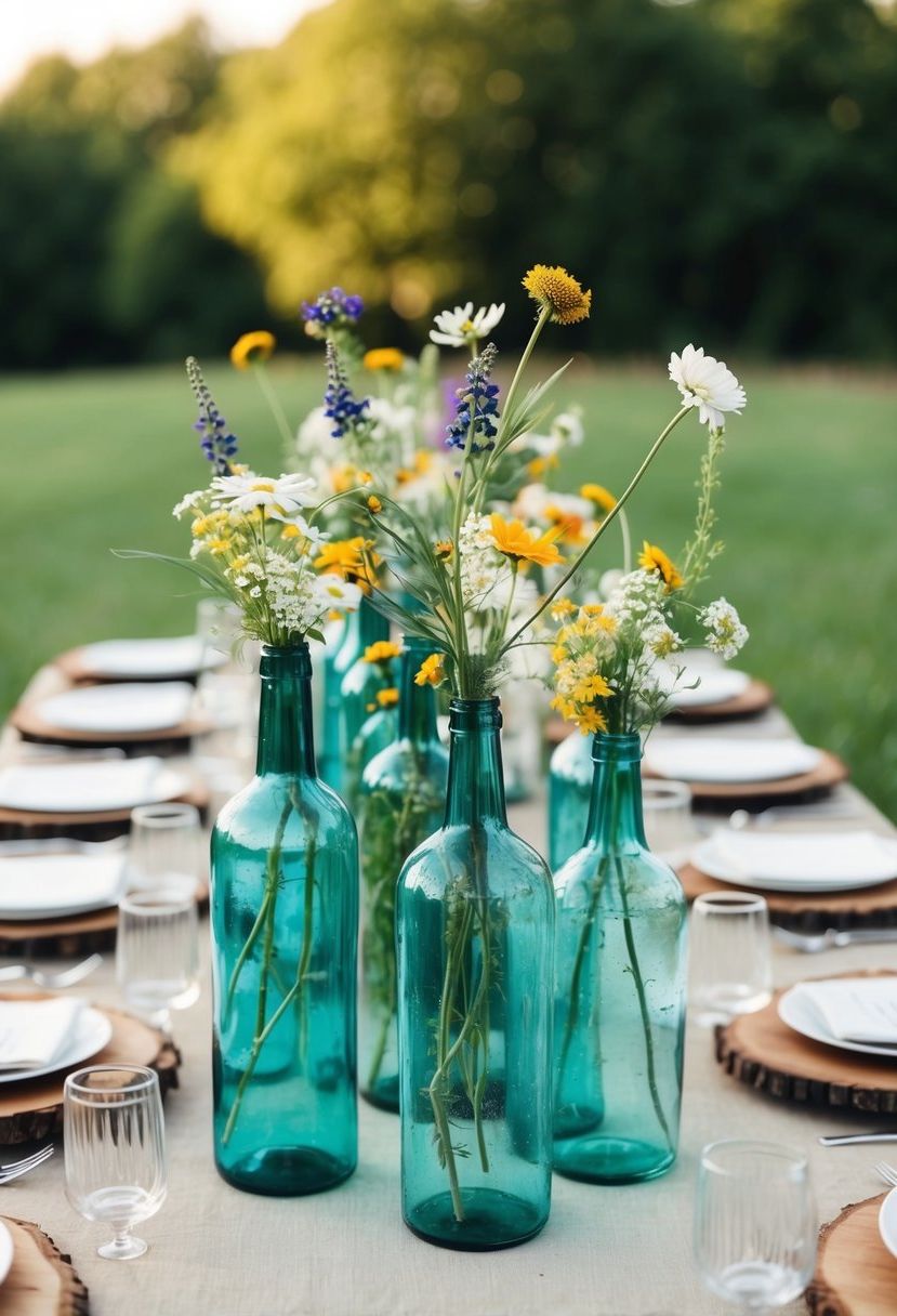 A rustic table adorned with vintage bottle vases filled with wildflowers, creating a charming wedding decoration