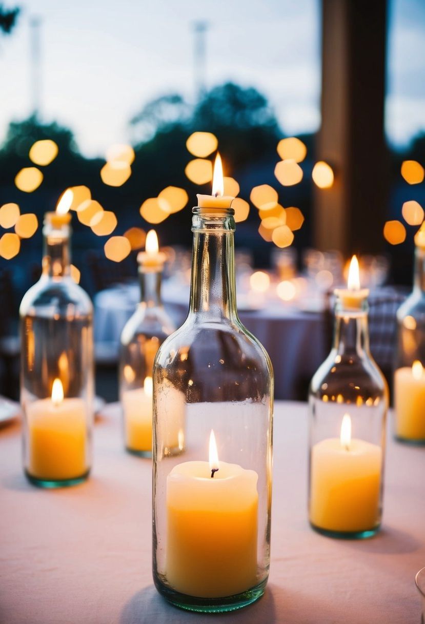 Bottle candle holders with floating candles on a wedding table