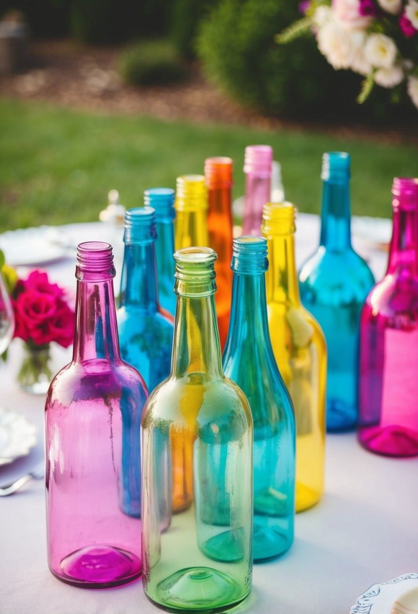 Colorful glass bottles arranged on a wedding table, painted in coordinating wedding theme colors