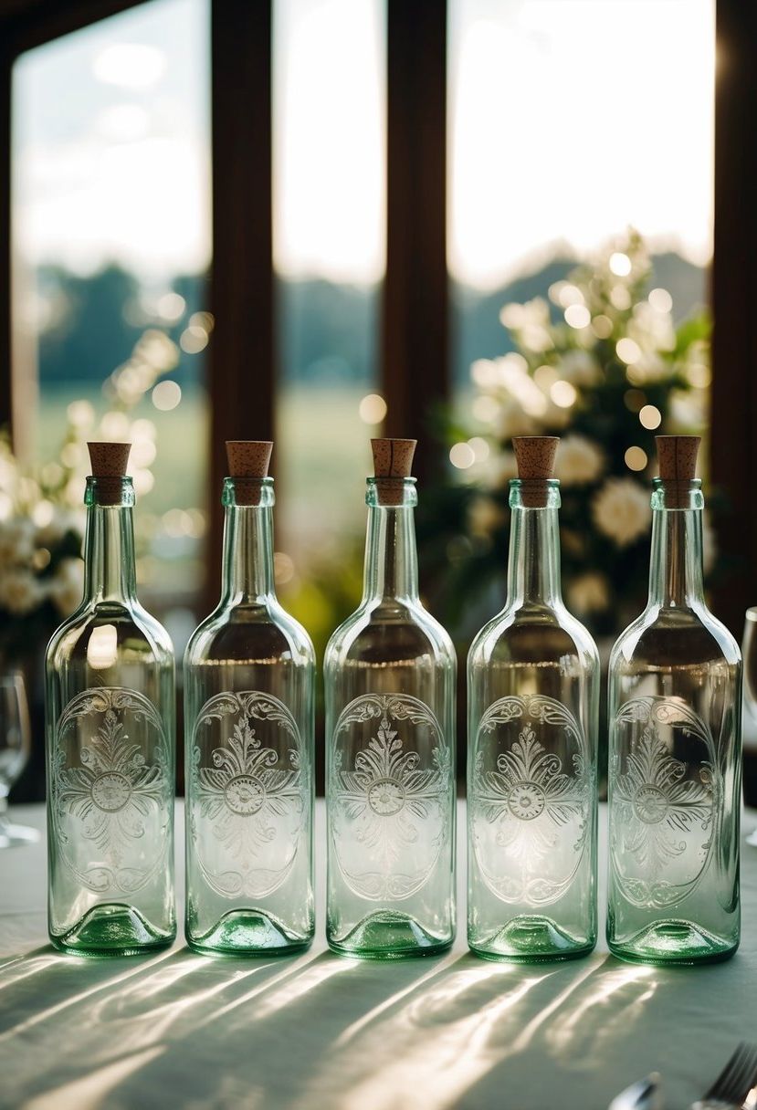 Engraved glass bottles arranged on a wedding table, catching the light and casting delicate shadows