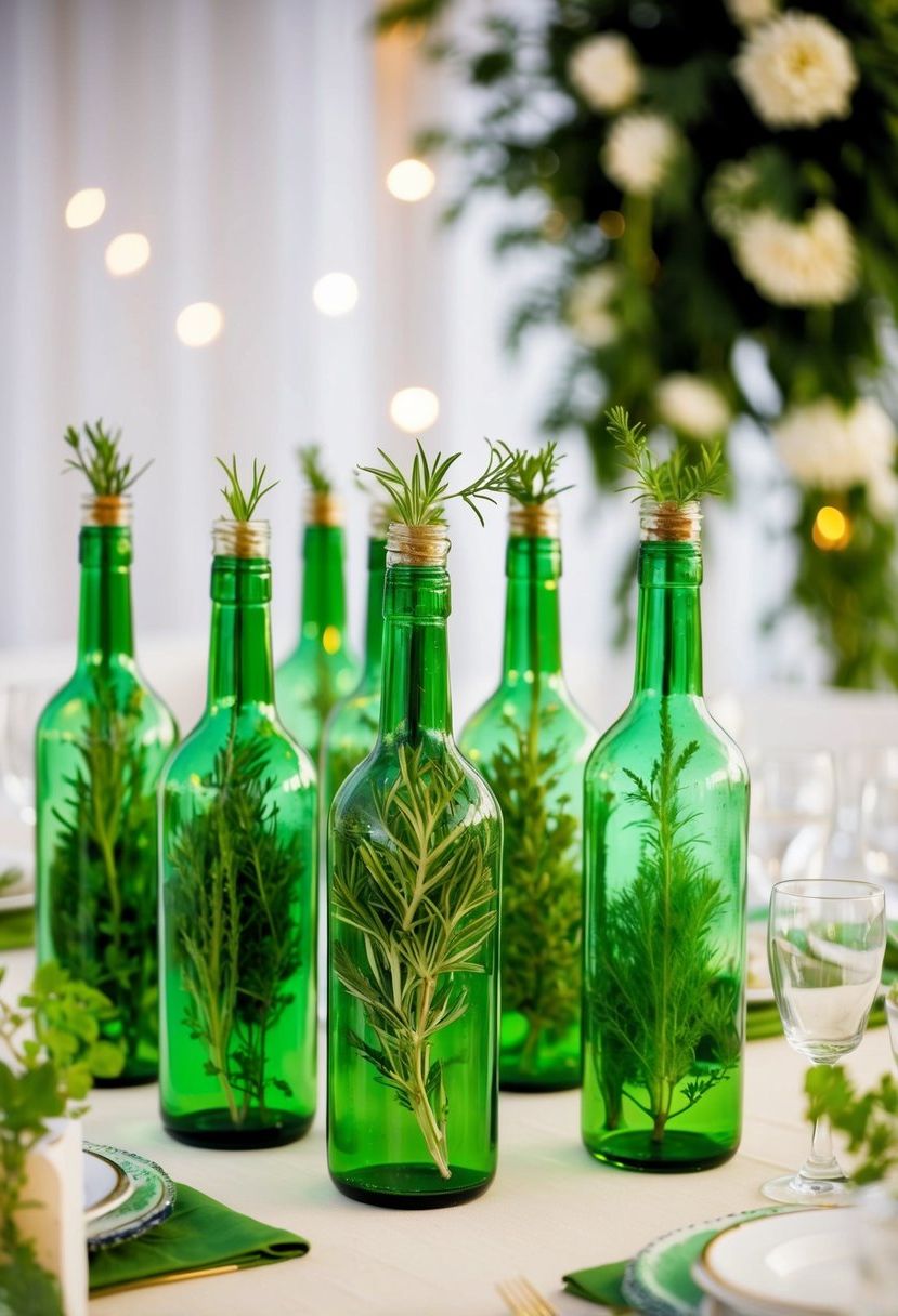A table adorned with green glass bottles filled with fresh herbs, creating a charming wedding decoration