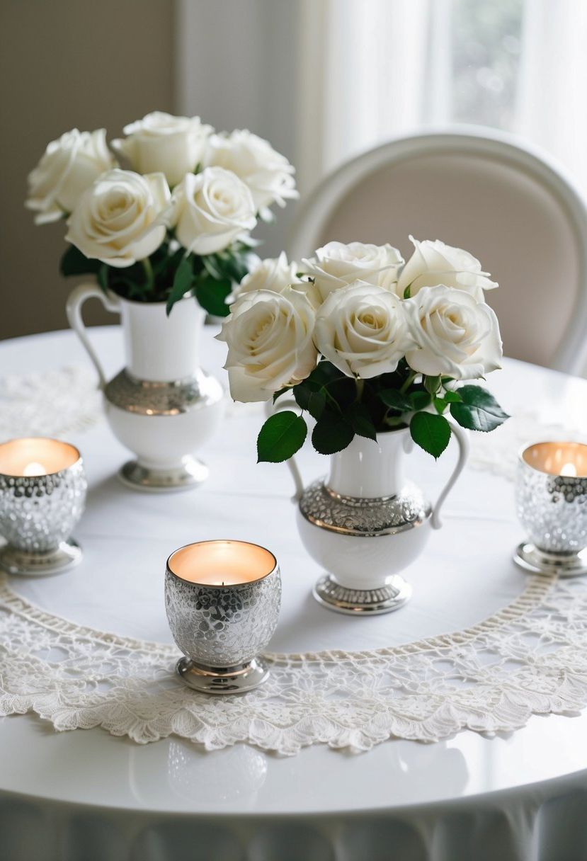 A white table adorned with delicate lace, porcelain vases filled with white roses, and shimmering silver candle holders