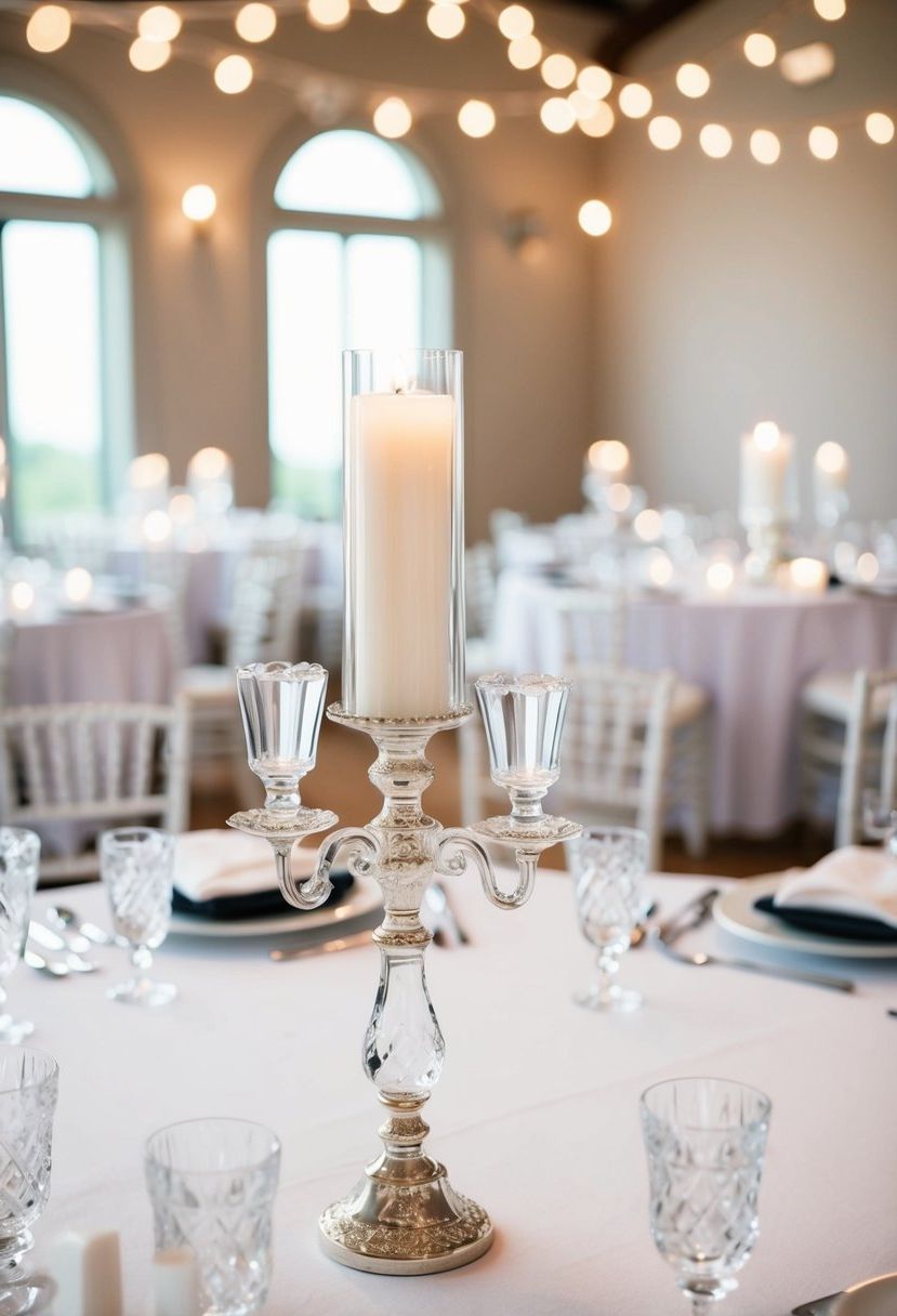 A white table adorned with crystal candlestick holders for a wedding decoration
