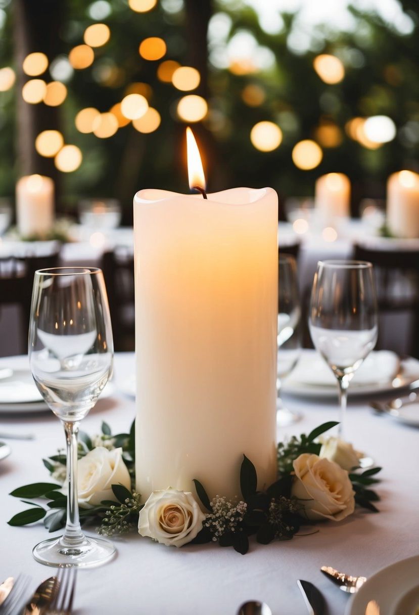 A white scented pillar candle centerpiece on a wedding table