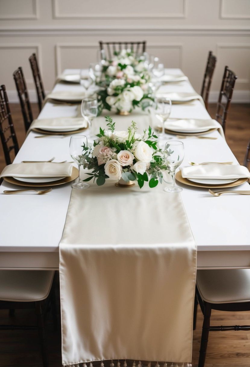 Ivory silk table runners draped across a white table with elegant floral centerpieces
