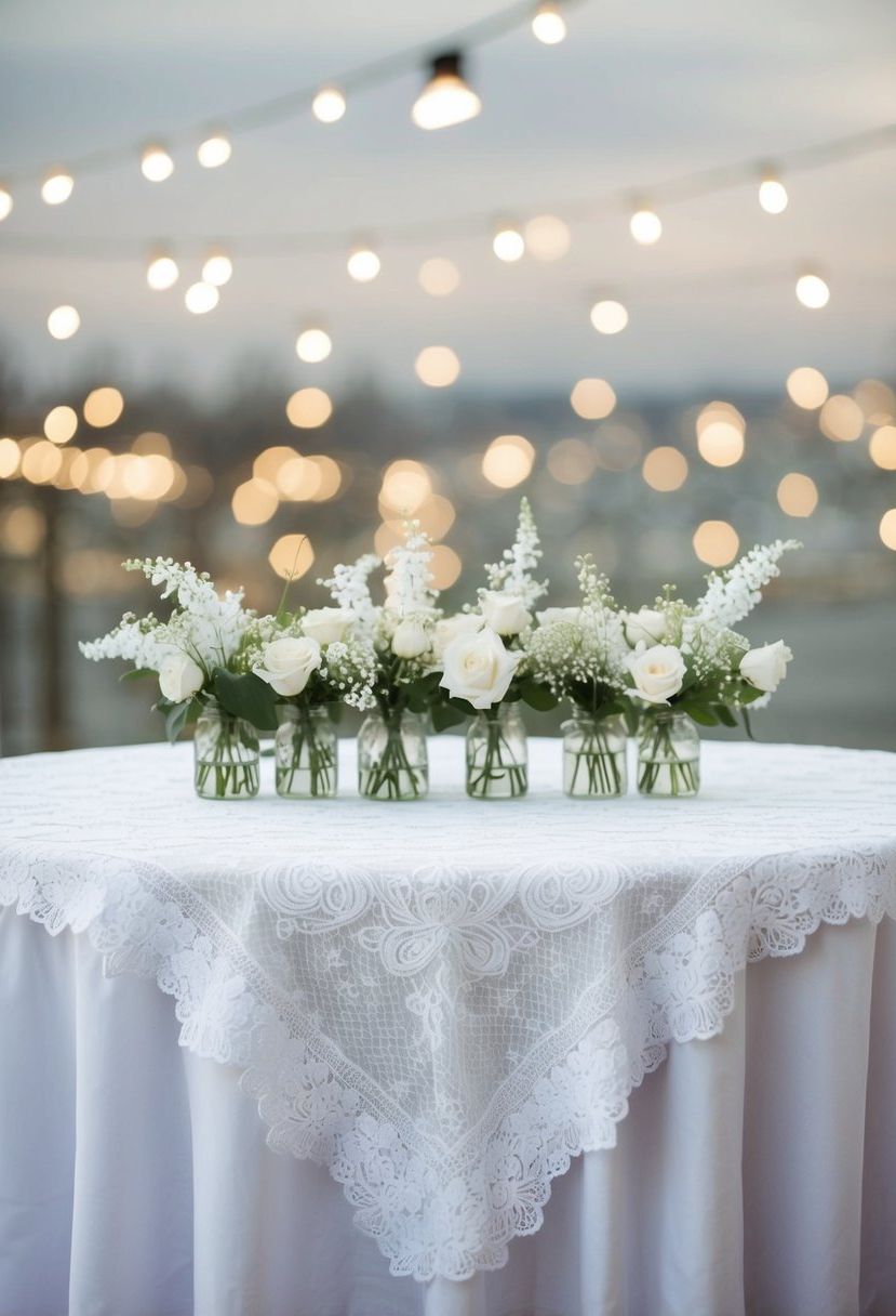 A white lace tablecloth drapes over a table adorned with delicate white wedding decorations