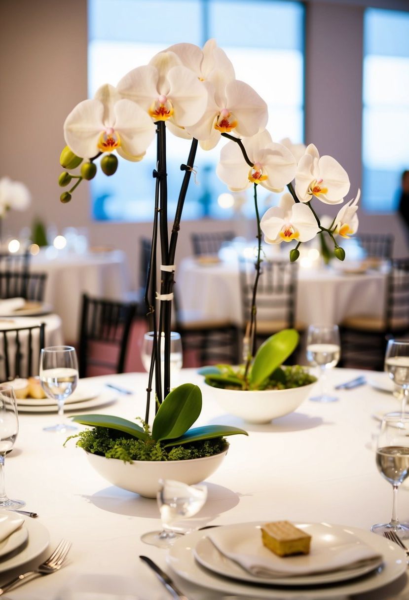A white table adorned with floating orchid bowls for a wedding centerpiece