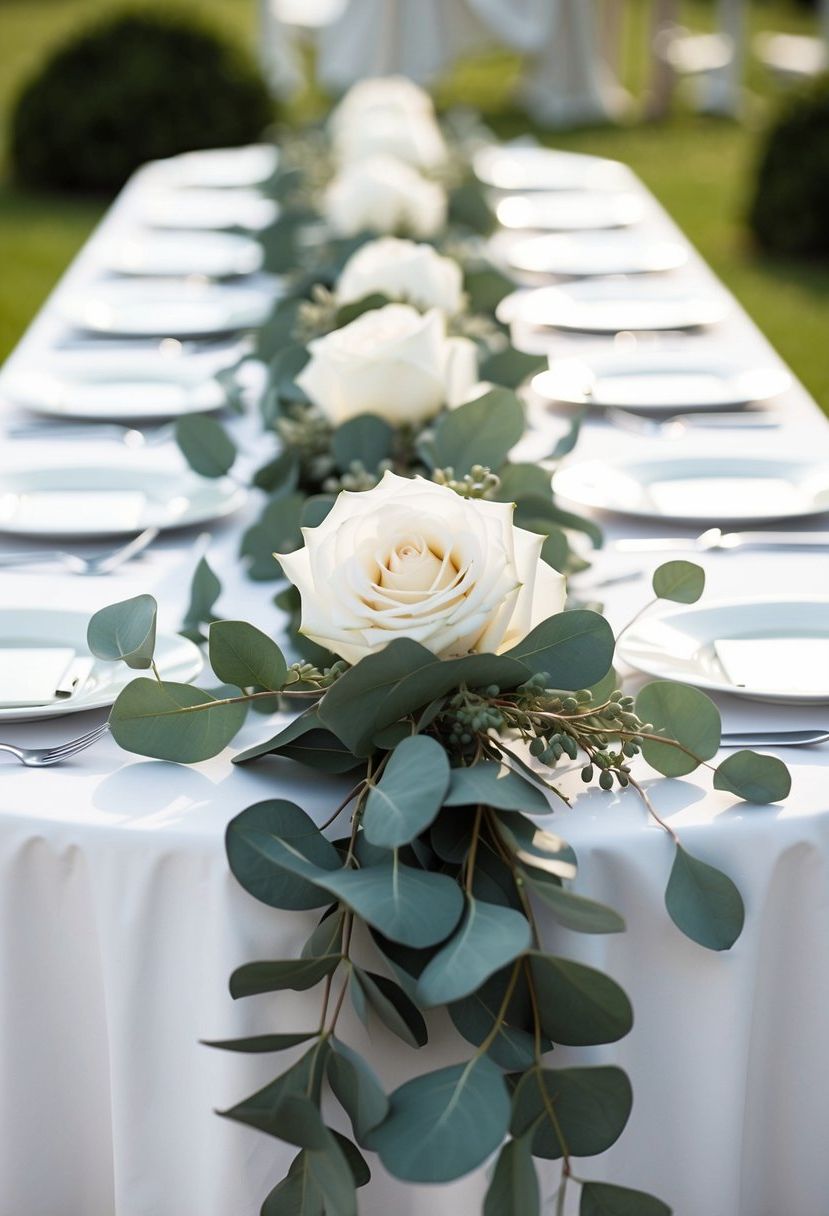 A white rose and eucalyptus garland drapes elegantly across a pristine white wedding table