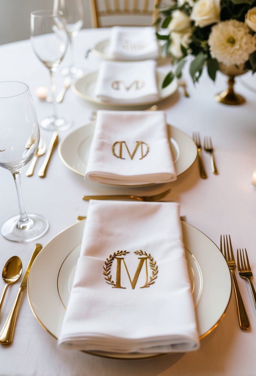 White napkins with monogram detail arranged on a pristine wedding table