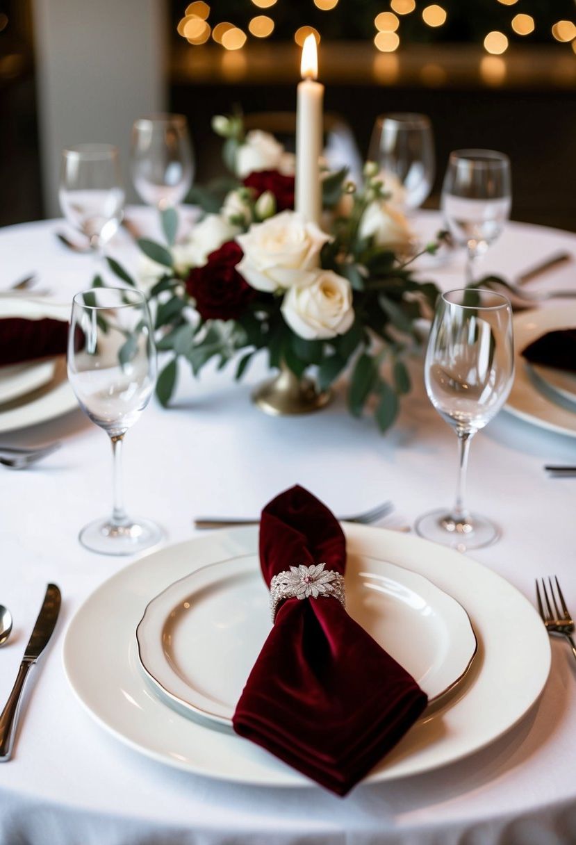A white table adorned with velvet napkin accents for a wedding