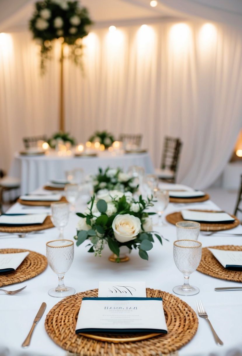 A white wedding table adorned with rattan placemats for added texture and elegance