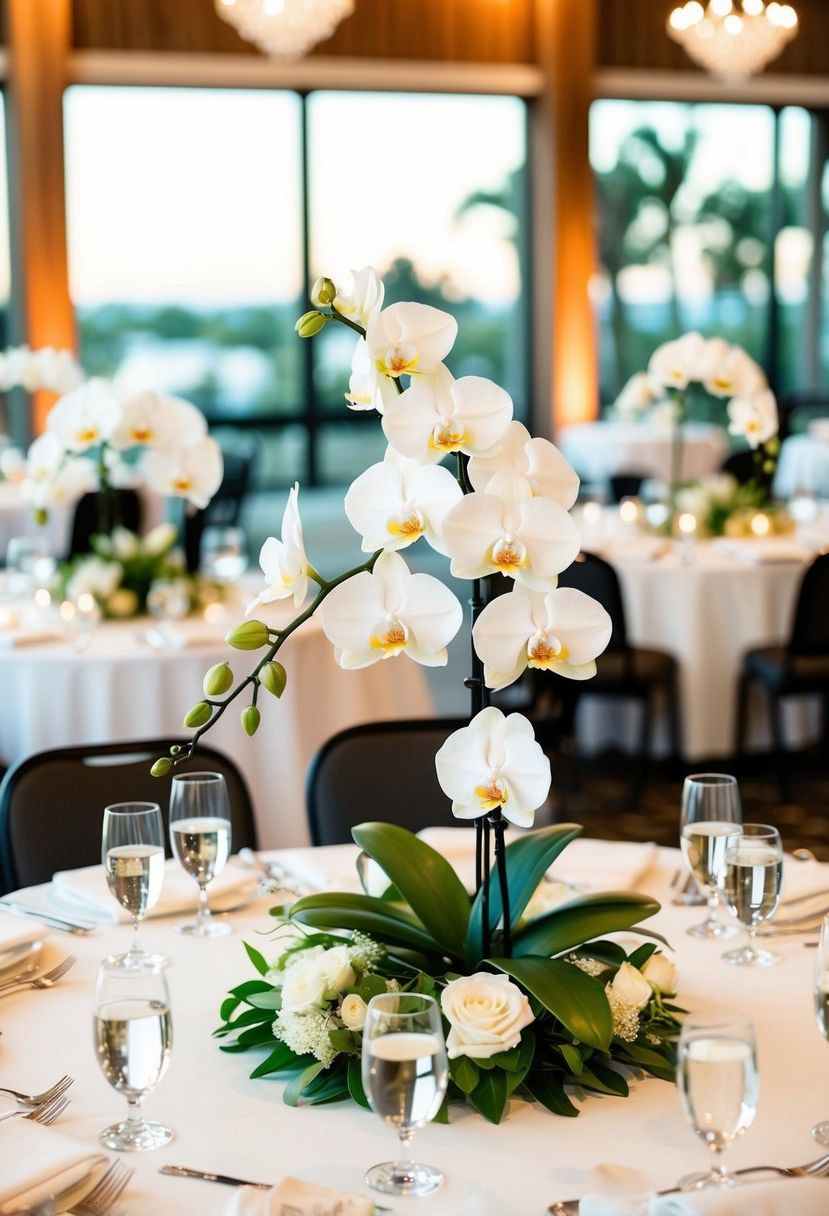 A table set with all-white orchid floral centerpieces for a wedding