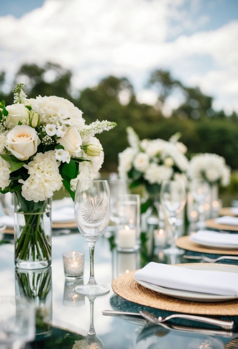 A glass table with all white wedding decorations