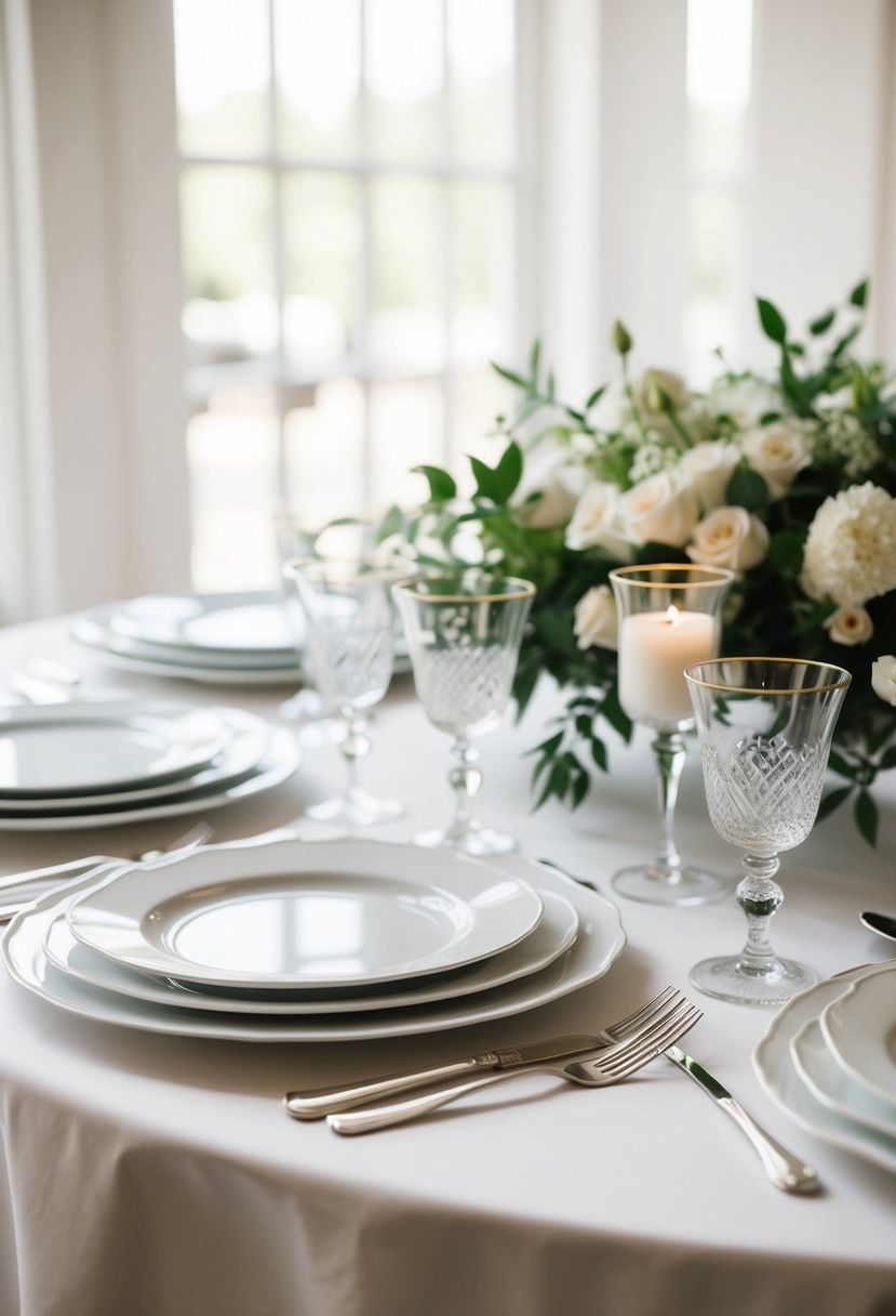 White china plates arranged on a pristine wedding table, creating an elegant and timeless aesthetic