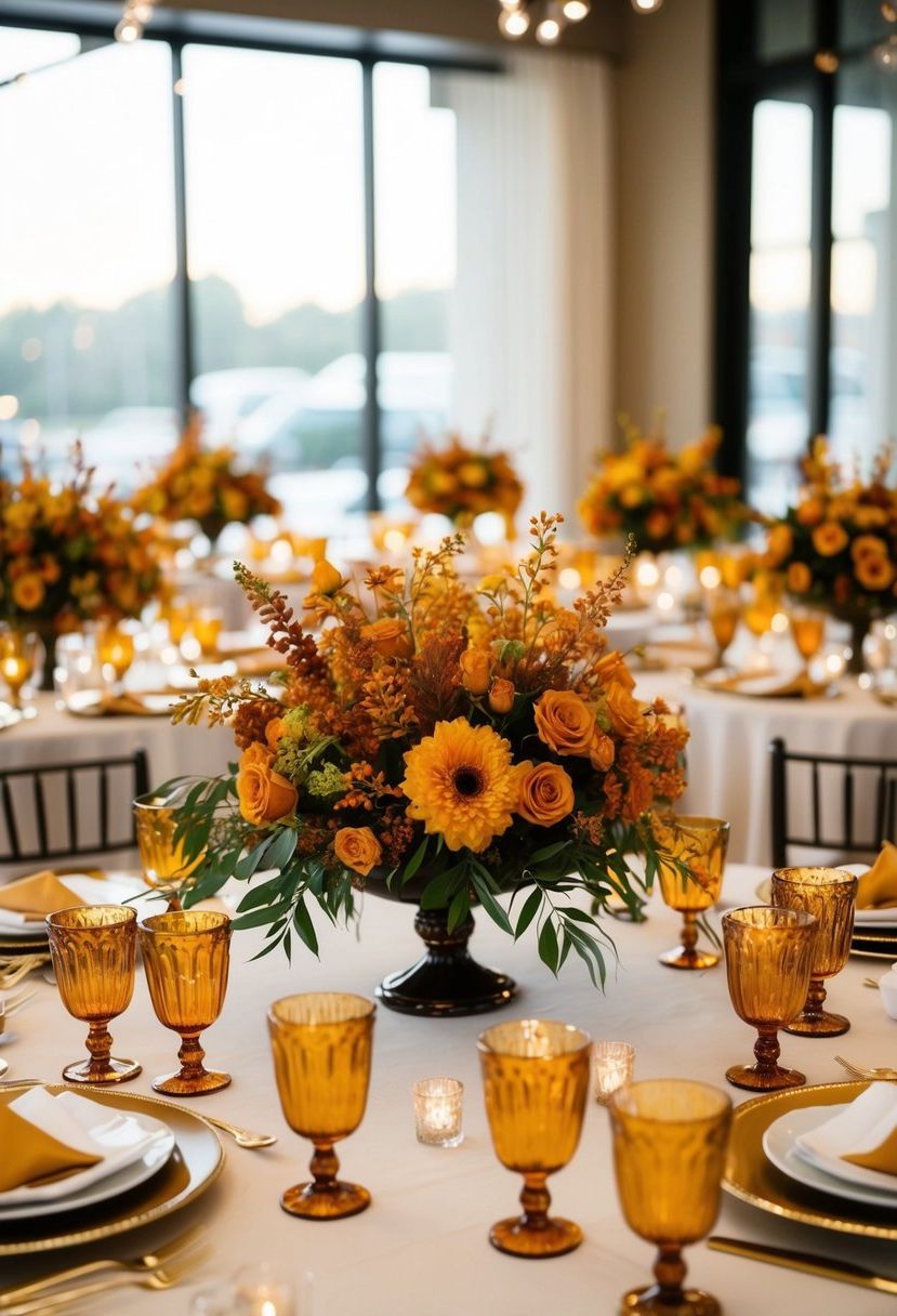 A table adorned with amber floral arrangements, creating a warm and elegant wedding centerpiece