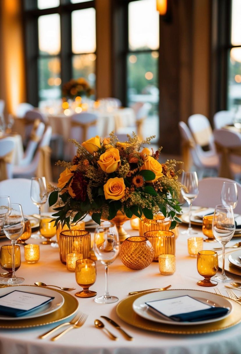 A table adorned with golden and amber centerpieces, radiating warmth and elegance for a wedding celebration