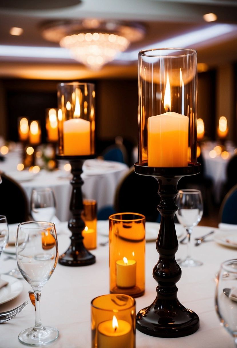 A table set with amber candle holders, casting a warm glow over a wedding reception