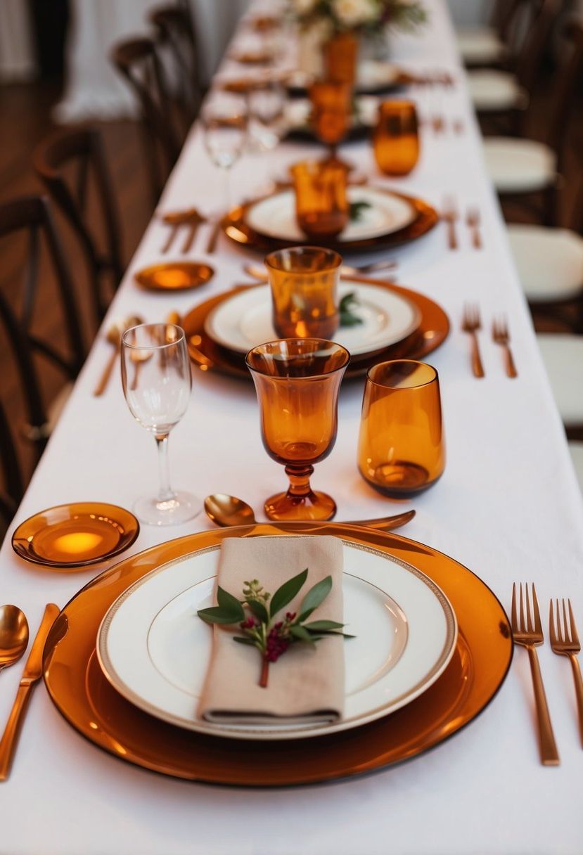 Amber and copper cutlery arranged on a wedding table with elegant decor