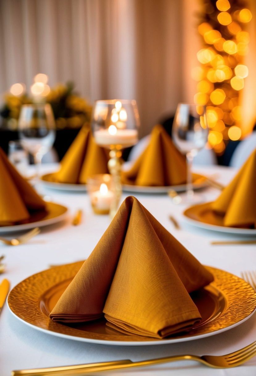 Amber napkins folded into decorative shapes on a wedding reception table, surrounded by golden accents and warm lighting