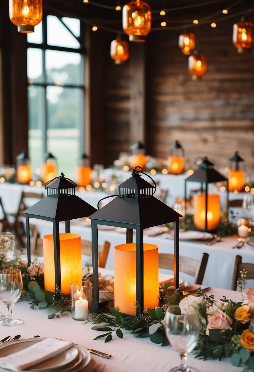Amber lanterns casting warm glow on wedding table with delicate floral arrangements