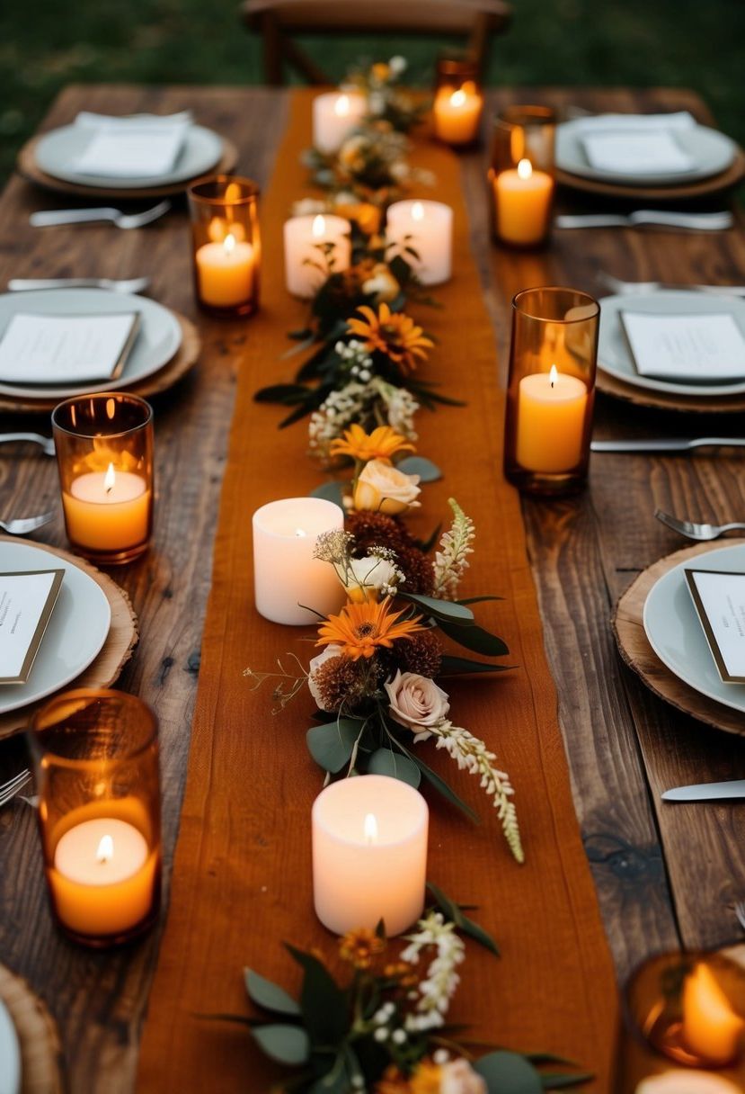 A rustic amber table runner adorns a wooden table, surrounded by glowing candles and delicate floral arrangements