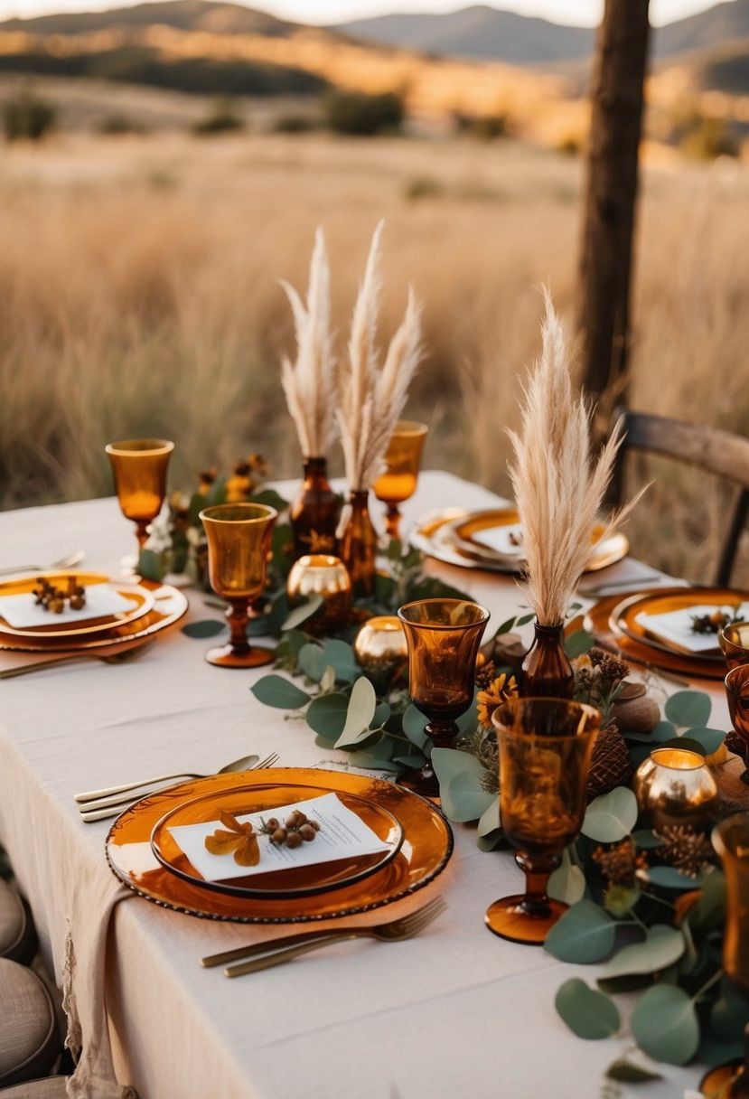 A rustic boho wedding table adorned with amber plates and earthy decorations