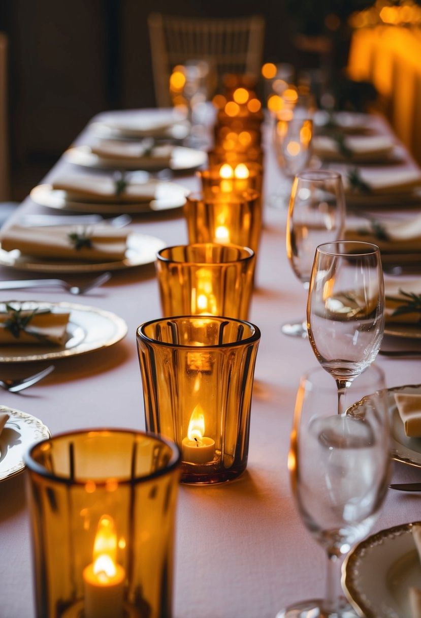 A table set with vintage amber votive holders, casting warm light on a wedding reception