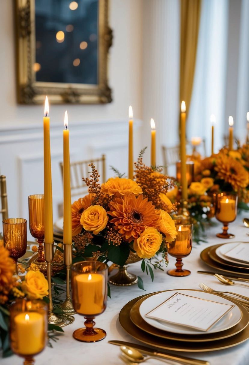 An elegant table adorned with amber-colored flowers, candles, and golden accents