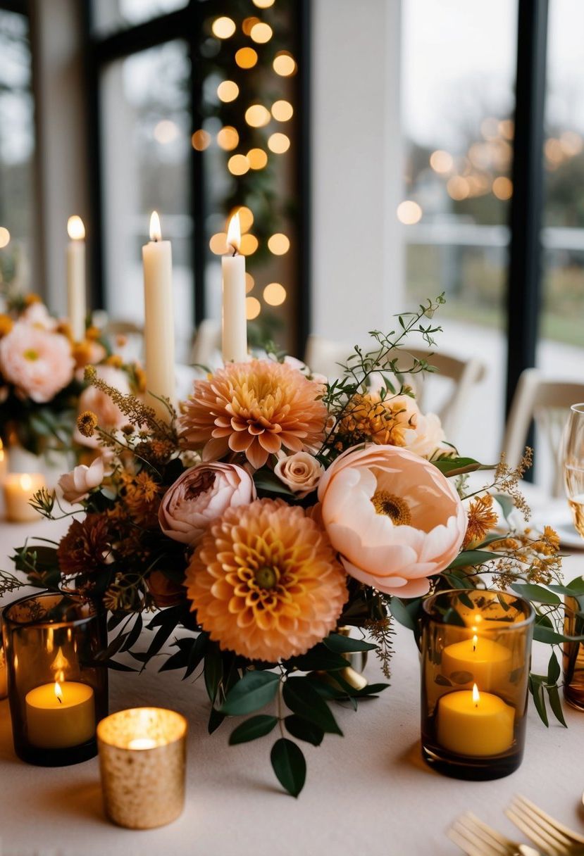 A table adorned with amber and blush blooms, accented with delicate greenery and golden candlelight