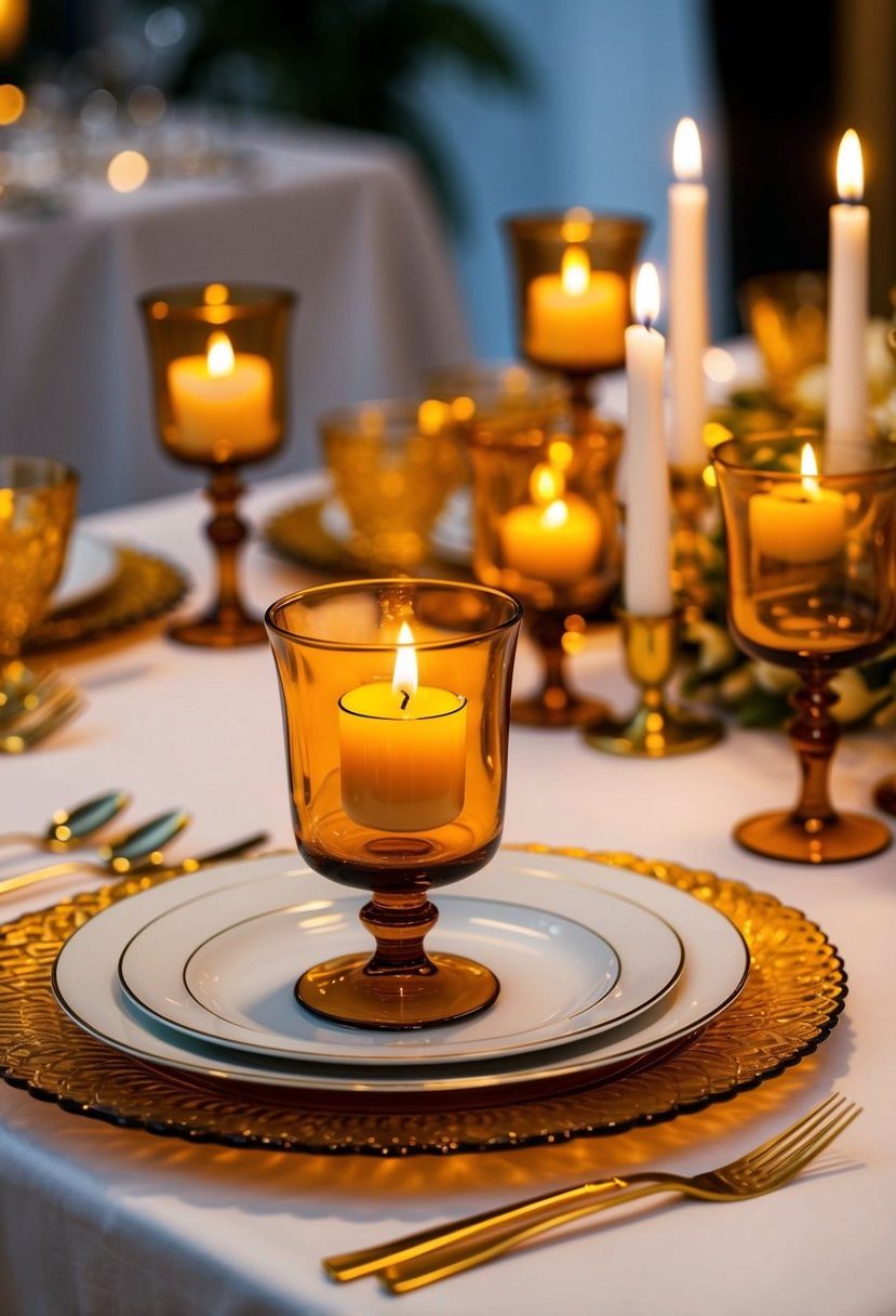 An elegant table set with amber glassware, adorned with golden accents and warm candlelight
