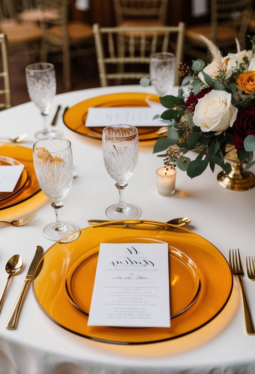 A table set with amber glass chargers, adorned with elegant wedding decorations