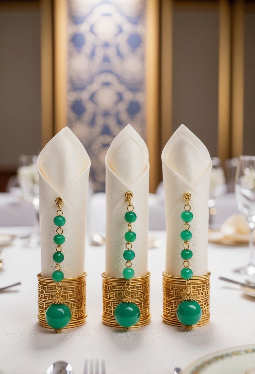 Napkin rings adorned with delicate jade charms, set against an elegant Asian wedding table backdrop