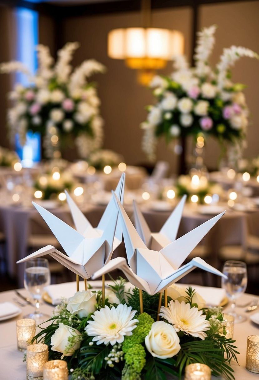 Origami cranes adorn elegant centerpieces at an Asian wedding, surrounded by delicate floral arrangements and traditional decor