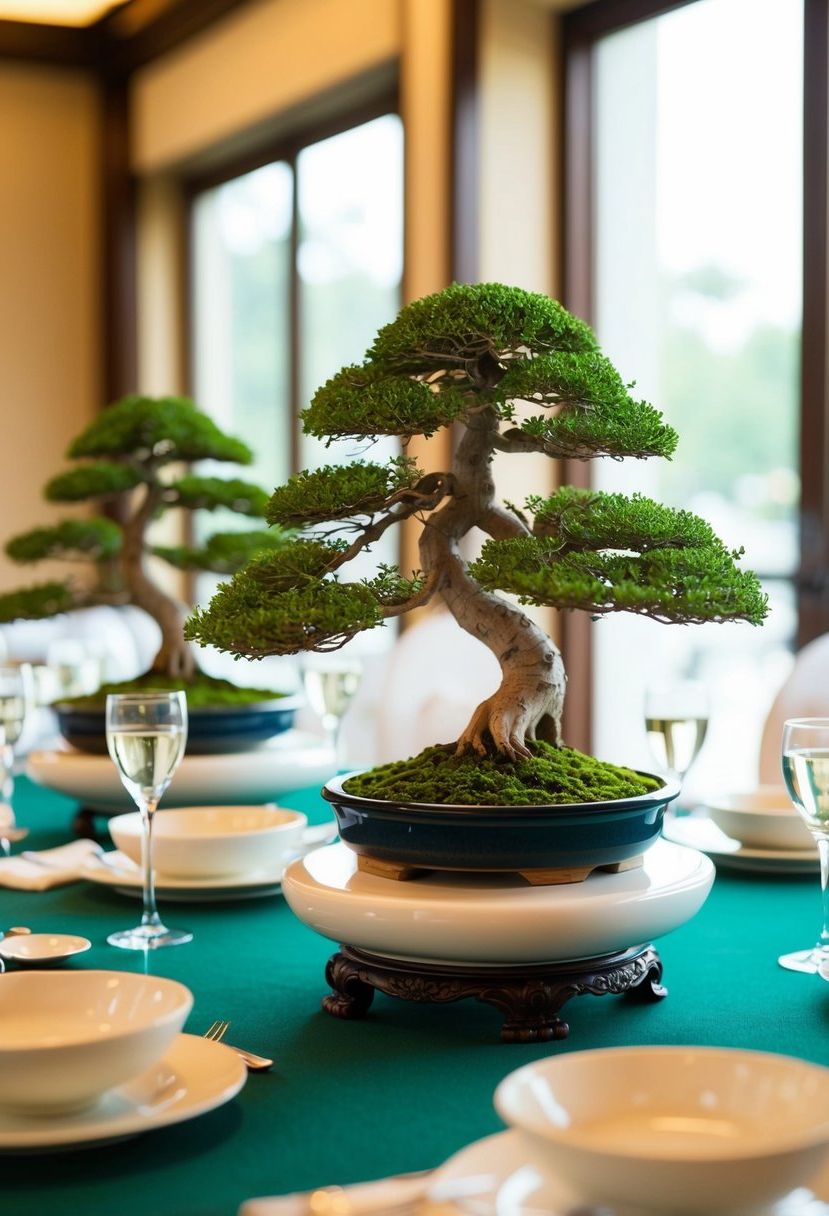 Miniature bonsai trees adorn tables at an Asian wedding, serving as elegant centerpieces