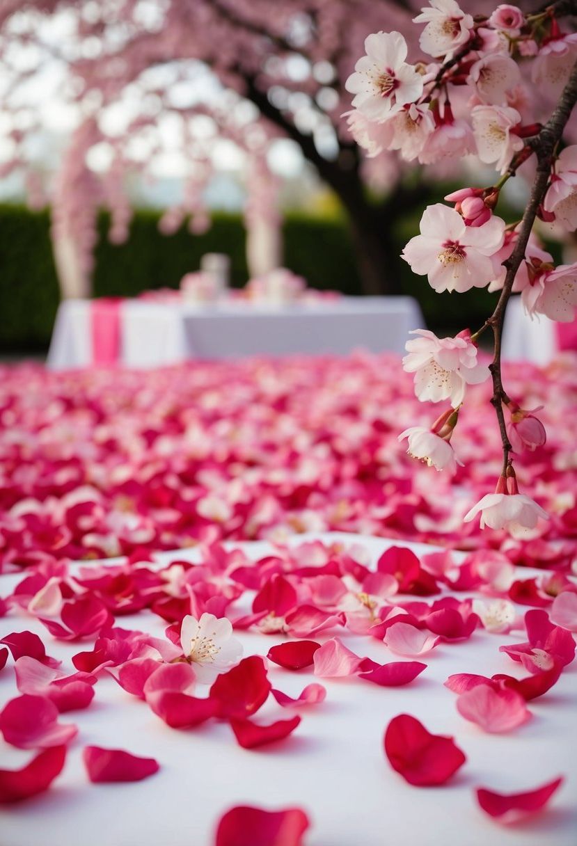 Cherry blossom petals scattered on tables for an Asian wedding decoration