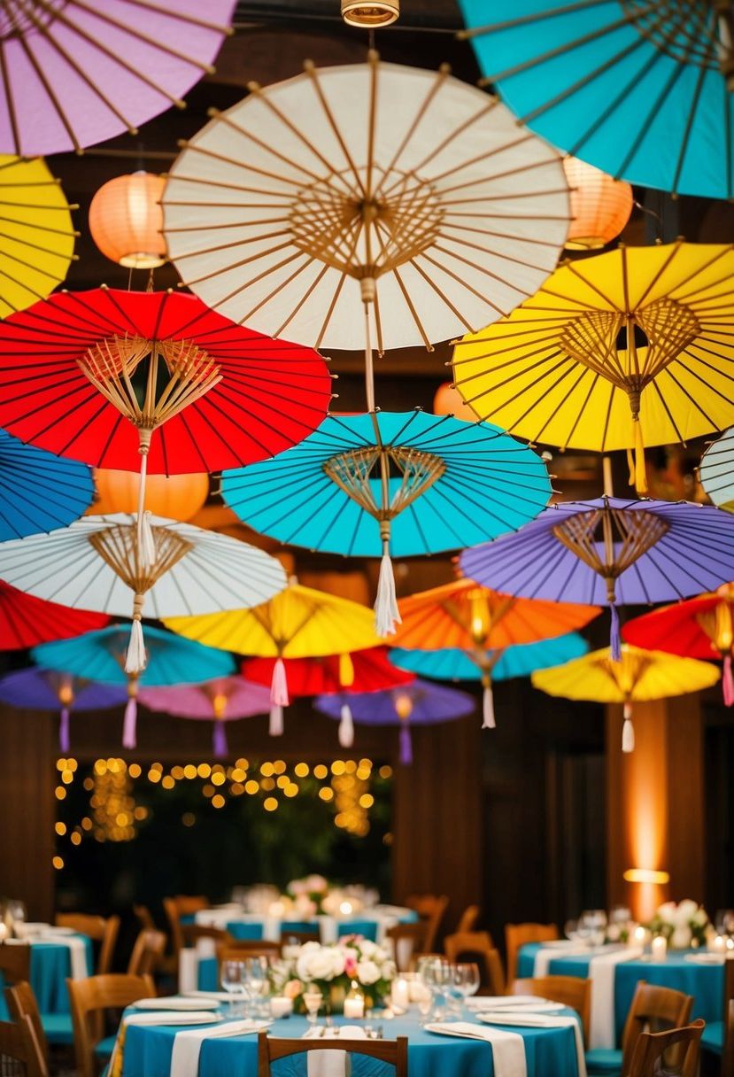 Colorful patterned paper parasols hanging above tables at an Asian wedding reception, adding a festive and elegant touch to the decor