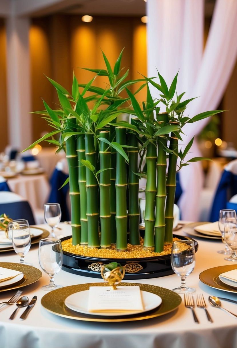 A table adorned with lucky bamboo plants, symbolizing prosperity, set for an Asian wedding celebration