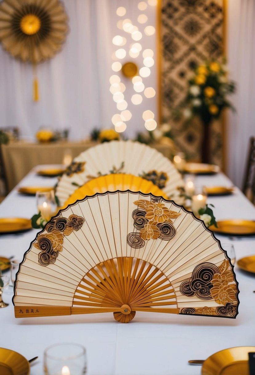 Intricately designed fans adorn a wedding table, adding a cultural touch to the Asian-themed decor