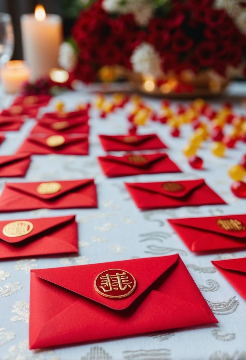 Red envelopes and Chinese candy arranged on a table as wedding decor