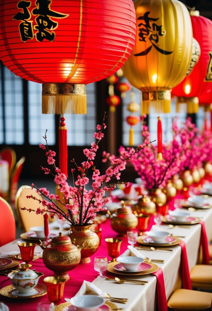 A vibrant array of traditional Asian wedding table decorations: red and gold lanterns, cherry blossom centerpieces, and delicate tea sets arranged on silk tablecloths