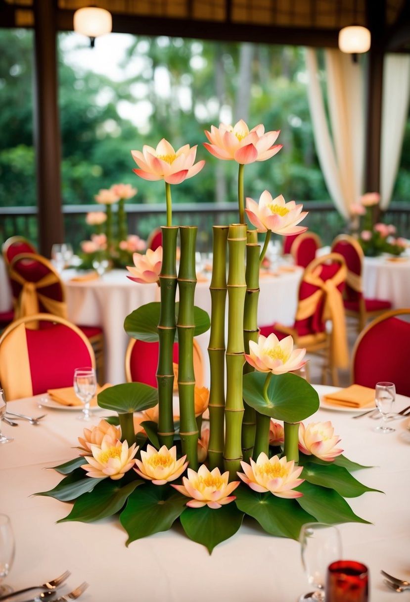 Bamboo and lotus flower arrangements adorn tables at an Asian wedding