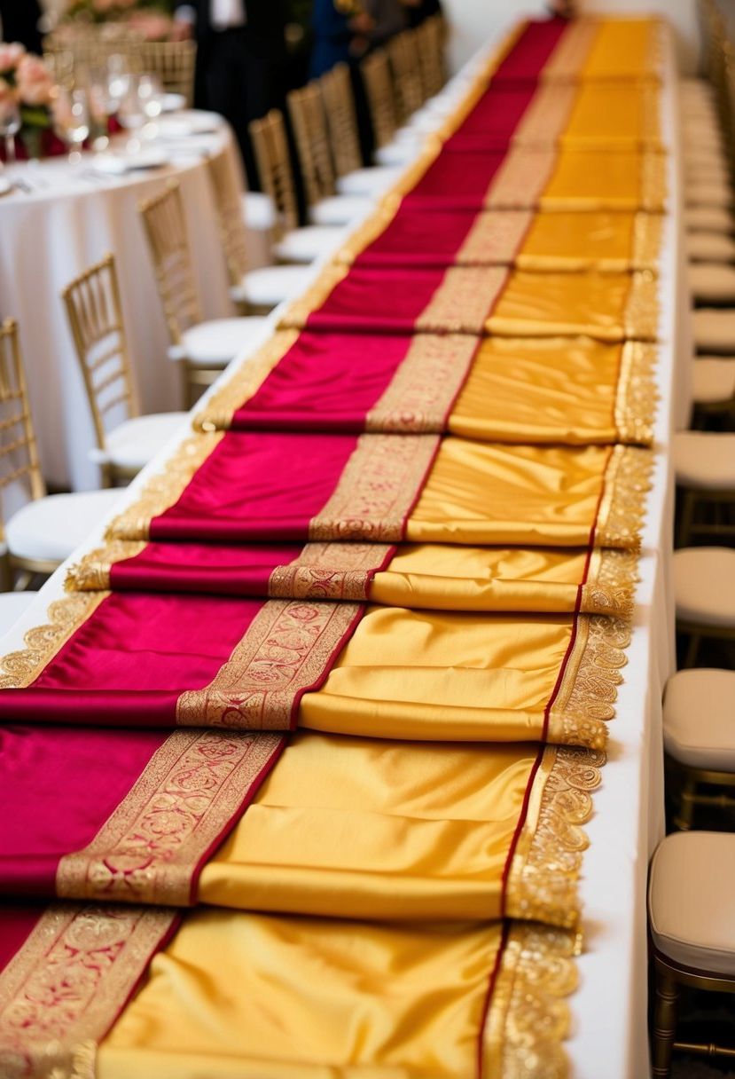 Richly colored silk table runners in gold and red drape elegantly across a long banquet table, creating a luxurious and opulent setting for an Asian wedding celebration