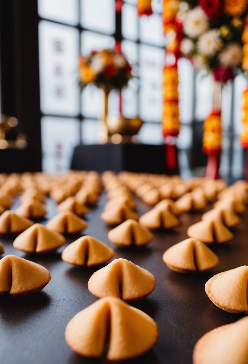 Fortune cookies arranged on tables amid traditional Asian wedding decor