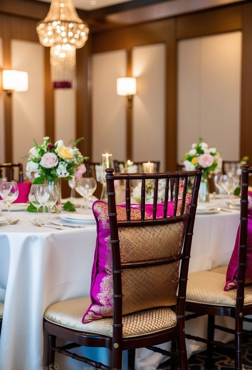 Silk cushions adorn chairs at an Asian wedding table, adding color and elegance to the decoration