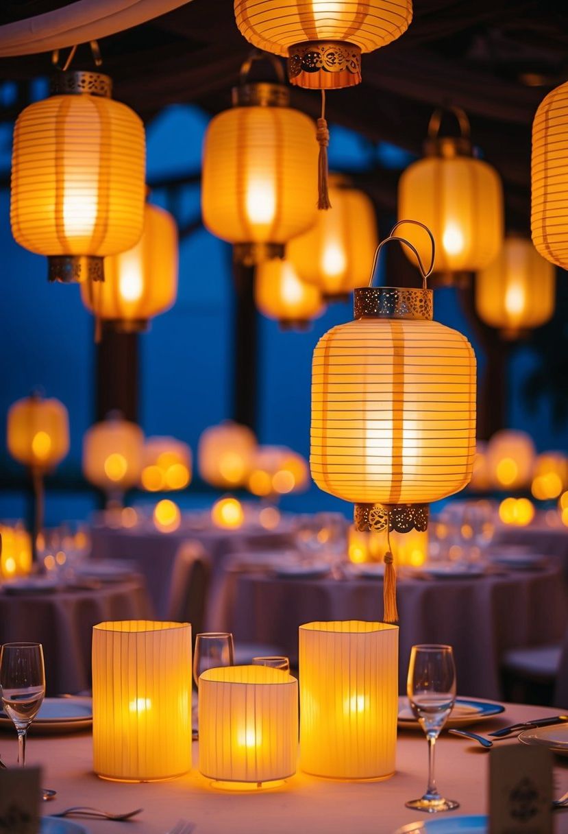 Lanterns with LED candles cast a warm glow over an elegant Asian wedding table