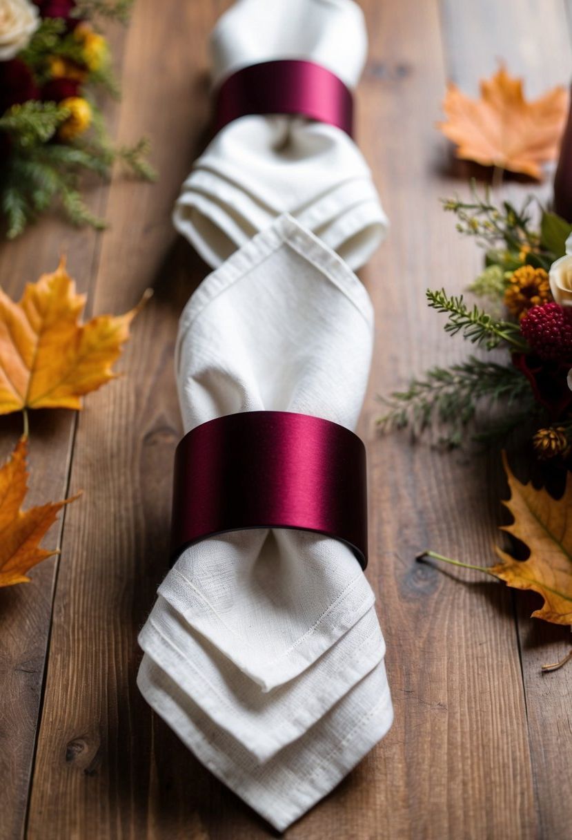 Burgundy napkin rings encircling white linen napkins on a wooden table, surrounded by autumn leaves and simple floral arrangements