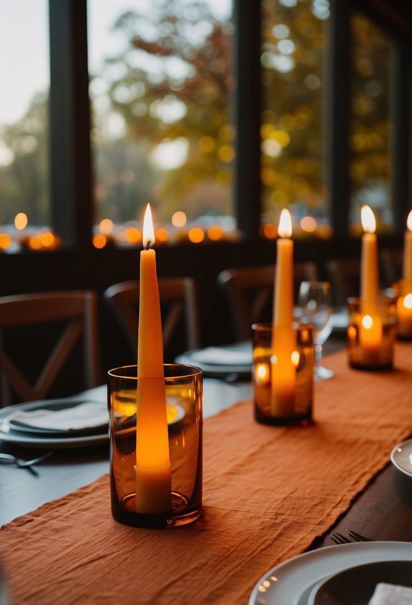 Amber candle holders illuminate a simple autumn wedding table