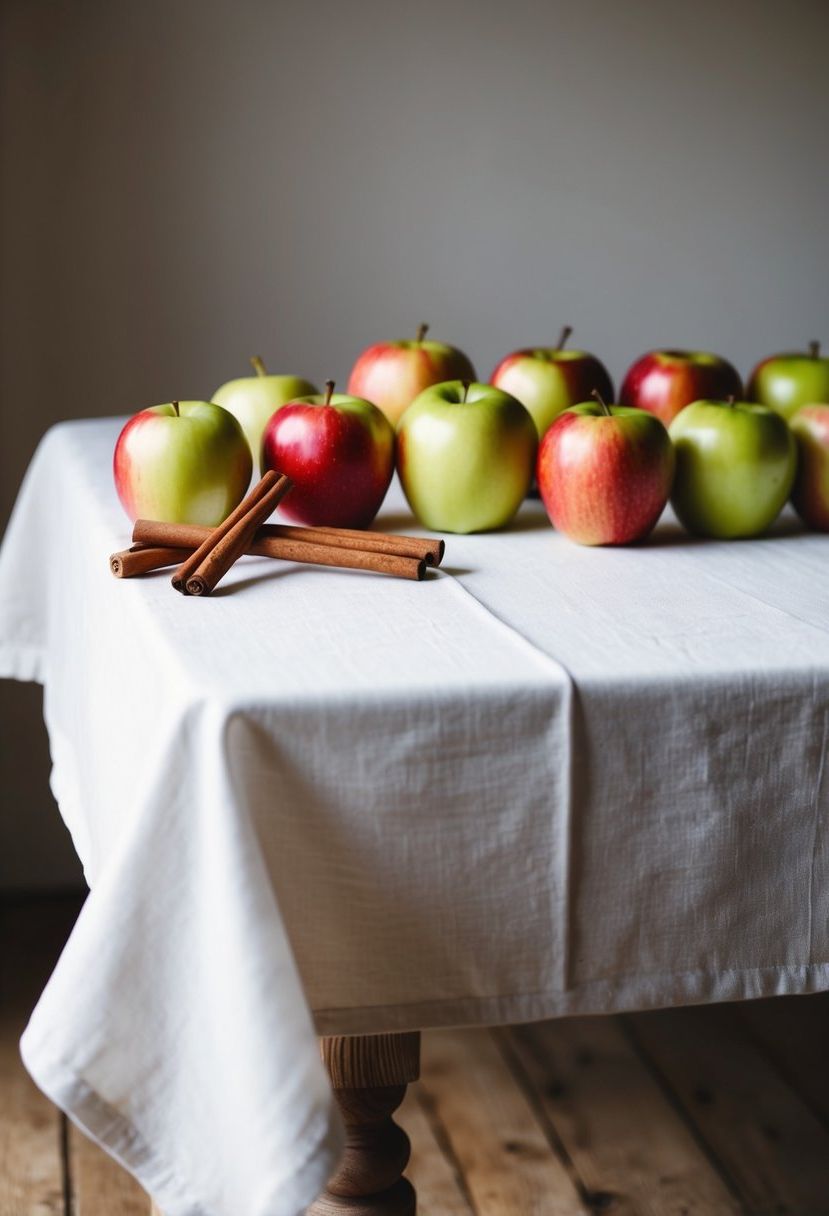 A rustic wooden table with a white tablecloth, adorned with fresh apples and cinnamon sticks arranged in a simple and elegant manner